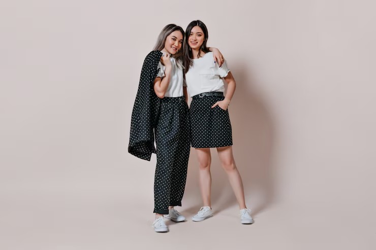 full-length-portrait-sisters-similar-outfits-polka-dots-posing-against-isolated-wall_197531-16989